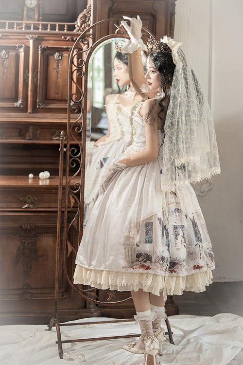 Beige Elegant Vintage Gorgeous Hymn Print High Waisted Sweet Lolita JSK Dress - Product - 8