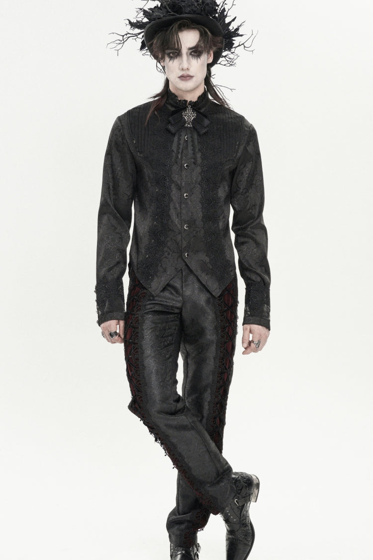 Black Stand Collar Long Sleeves Jacquard Embroidered Bow Lace Men's Gothic Palace Shirt - Product - 10
