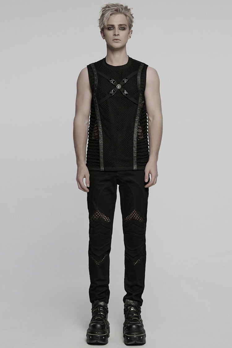 Black Round Collar Sleeveless Stitching Mesh Buckle Men's Punk Vest - Product - 4