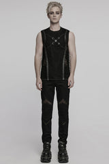 Black Round Collar Sleeveless Stitching Mesh Buckle Men's Punk Vest - Product - 4