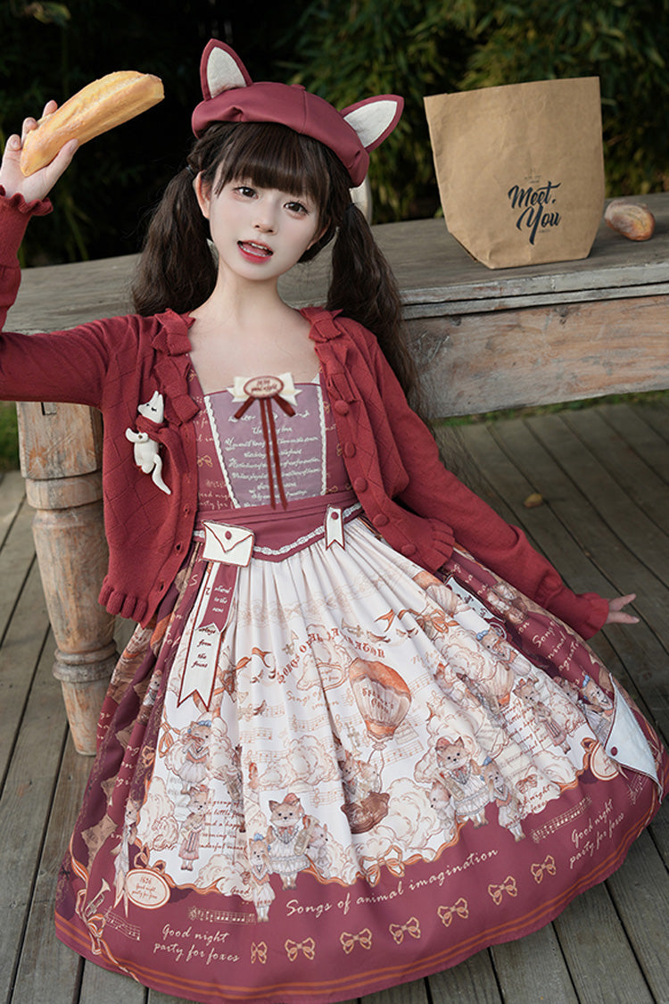 Wine Red [Fox Band] Print Square Collar Bowknot Classic Lolita Jumper Dress - Product - 5