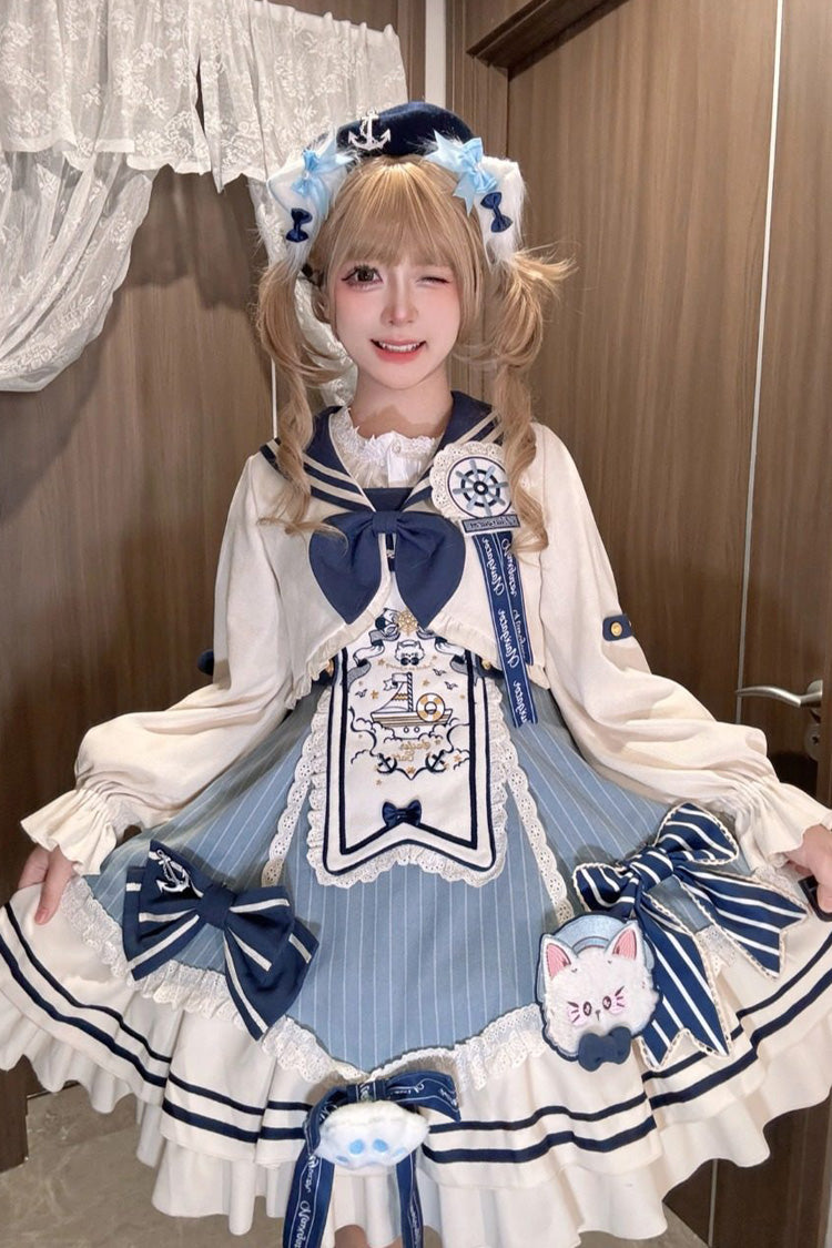 Blue/Ivory [Ride the Wind and Waves] Double-Layered Printed Ruffled Bow Lace Sweet Lolita Jsk Dress Set (Coat Included) - Product - 7