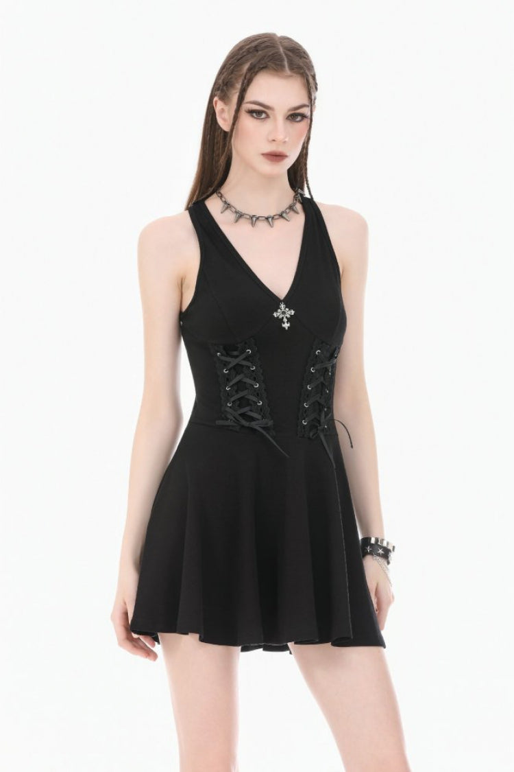 Black Cross Plunging Sleeveless Side Corset Lace-Up Women's Gothic Short Dress - Product - 5