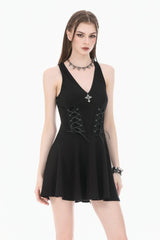 Black Cross Plunging Sleeveless Side Corset Lace-Up Women's Gothic Short Dress - Product - 5