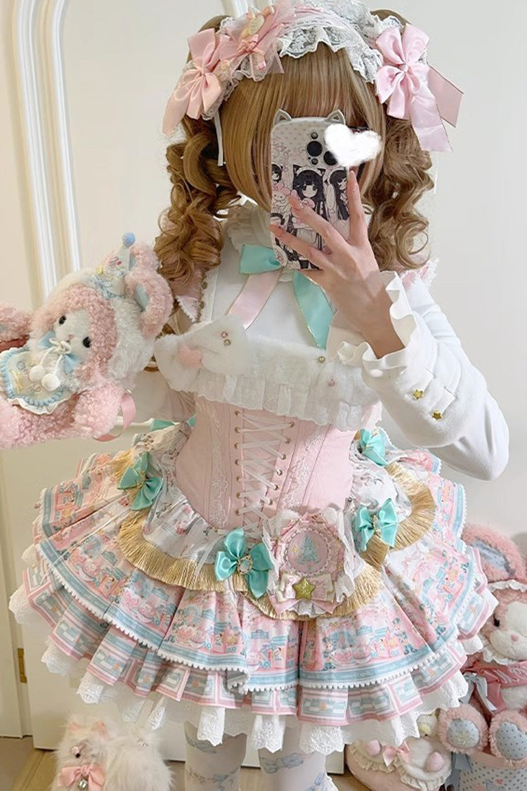 Pink [Candy House] Multi-Layered Print Ruffle Bowknot Lace-Up Sweet Ballet Lolita Jsk Dress - Product - 14