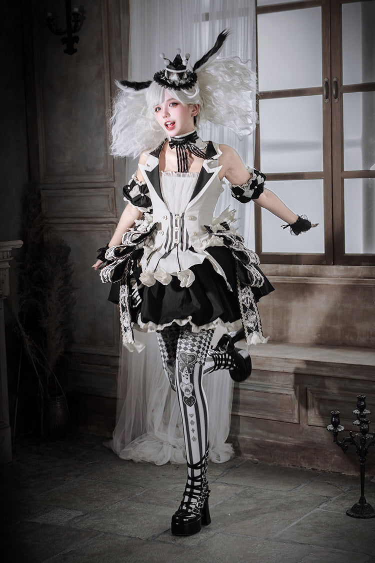 Black/White [Candy Cane] Sleeveless Printed Ruffled Bow Gothic Lolita Skirt Full Set - Product - 4