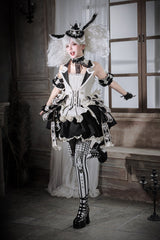 Black/White [Candy Cane] Sleeveless Printed Ruffled Bow Gothic Lolita Skirt Full Set - Product - 4
