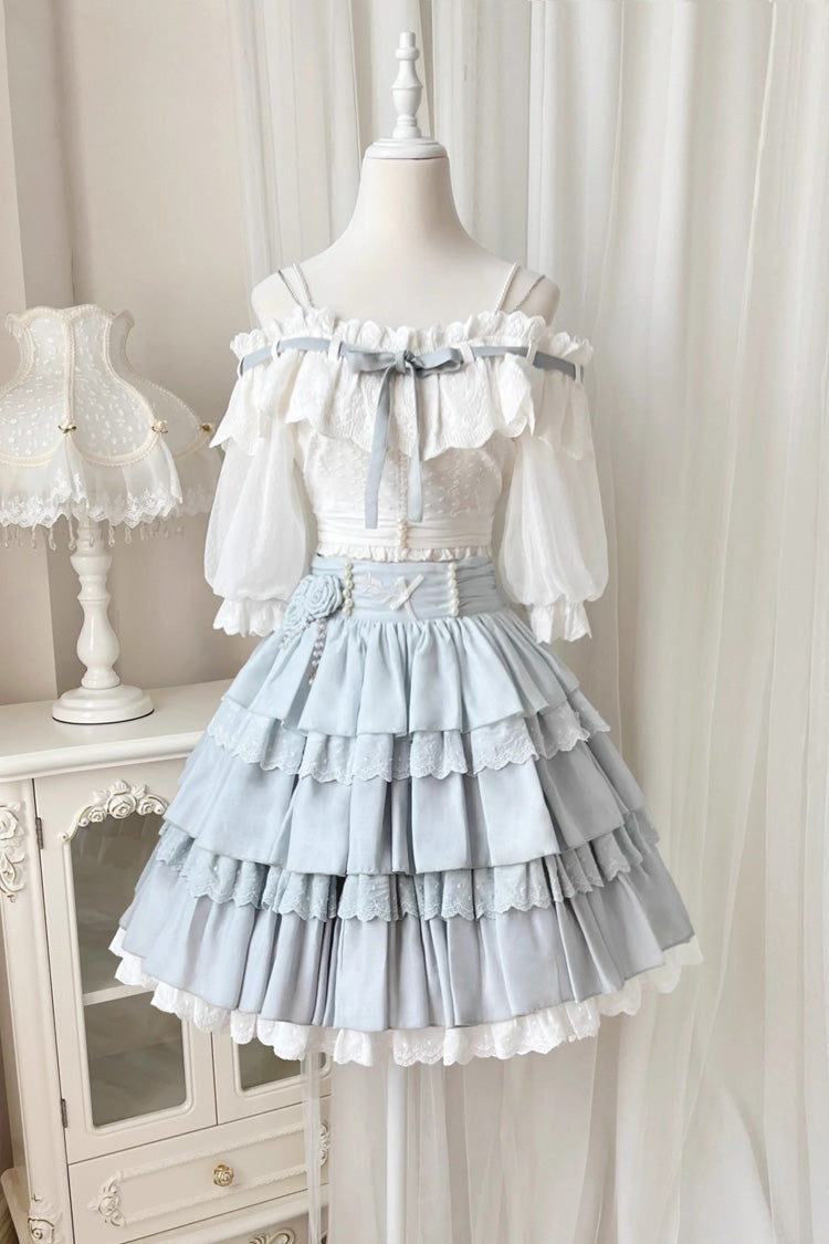 White/Blue Flower Language Multi-layer Ruffle Sweet Lolita Skirt Set - Product - 3