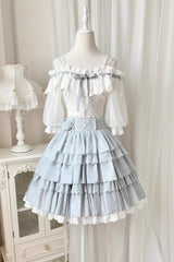 White/Blue Flower Language Multi-layer Ruffle Sweet Lolita Skirt Set - Product - 3