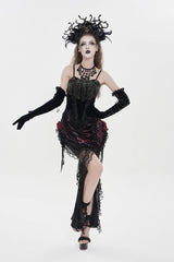 Black/Red Embroidered Rose Lace-up Irregular Women's Gothic Hem Skirt - Black/Red - 2