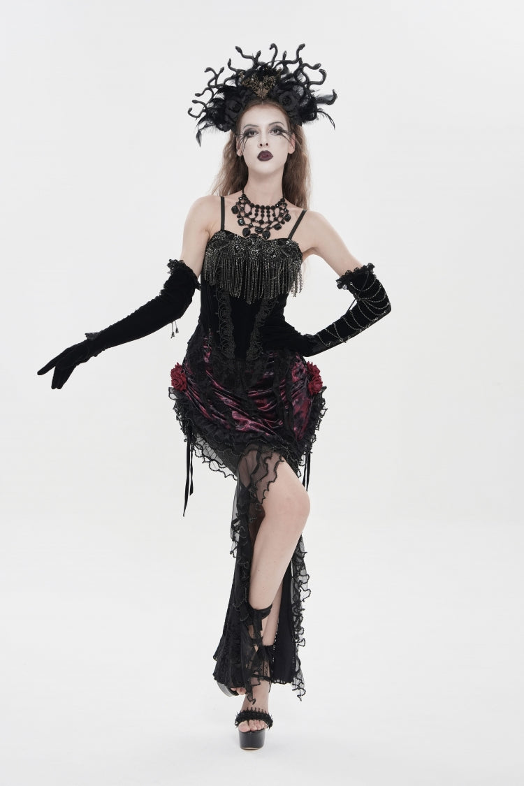 Black/Red Embroidered Rose Lace-up Irregular Women's Gothic Hem Skirt - Black/Red - 2