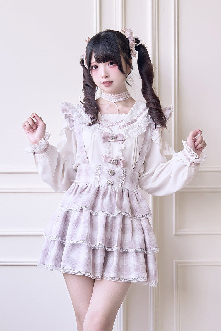 Pink Triple-Layered Plaid Print Ruffle Sweet Jirai Kei Japanese Strap Dress - Pink - 1