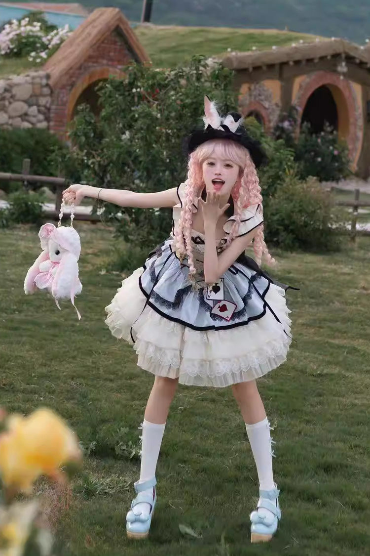 [Binky Bunny Magic] Square Collar Sleeveless Multi-Layered Ruffled Bow Lace Sweet Lolita Jsk Dress 2 Colors - Product - 11