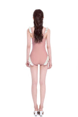 Peach Pink Square Collar Sleeveless Double-Layered Ruffled Lace-Up Pearl-Decorated Sweet Lolita One-Piece Swimsuit - Product - 7