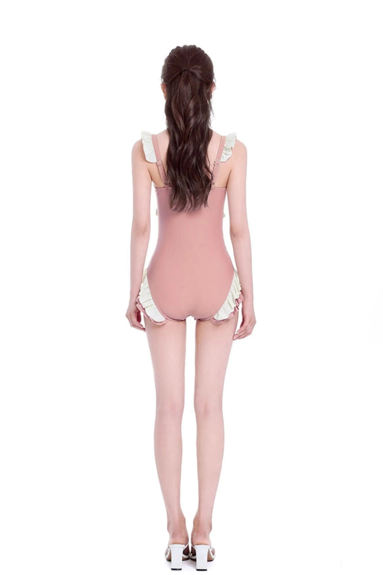 Peach Pink Square Collar Sleeveless Double-Layered Ruffled Lace-Up Pearl-Decorated Sweet Lolita One-Piece Swimsuit - Product - 7
