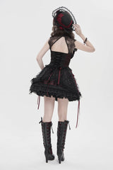 Black/Red Off Shoulder Double-Layered Embroidered Lace Lace-Up Slim Women's Gothic Vest - Product - 13