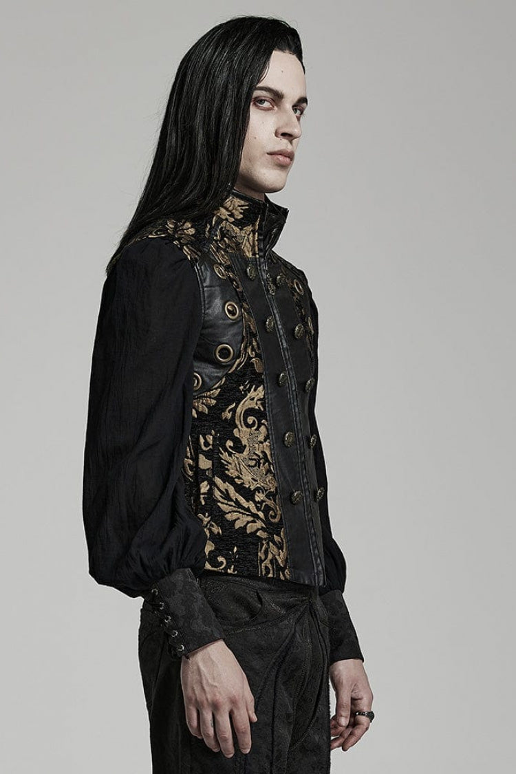 Men's Stand Collar Jacquard Print Stitching Metal Ring Decoration Gothic Vest 2 Colors - Product - 2