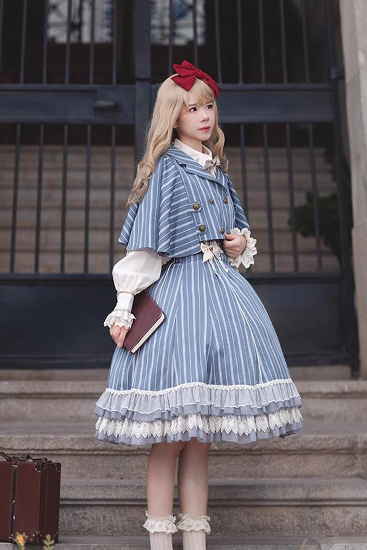 Blue Multi-layer Stripe Print Ruffle Sweet Lolita Jsk Dress - Product - 12