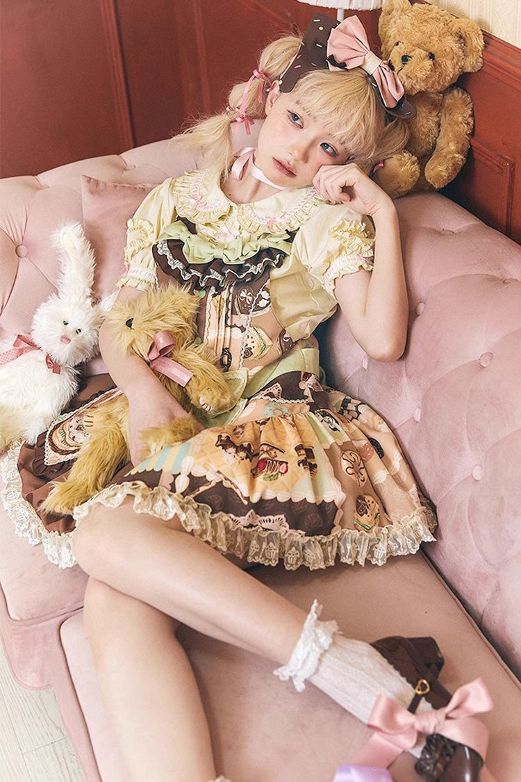 Brown Cake Chocolate Dessert Print Ruffle Bowknot Sweet Lolita Strap Dress - Product - 6