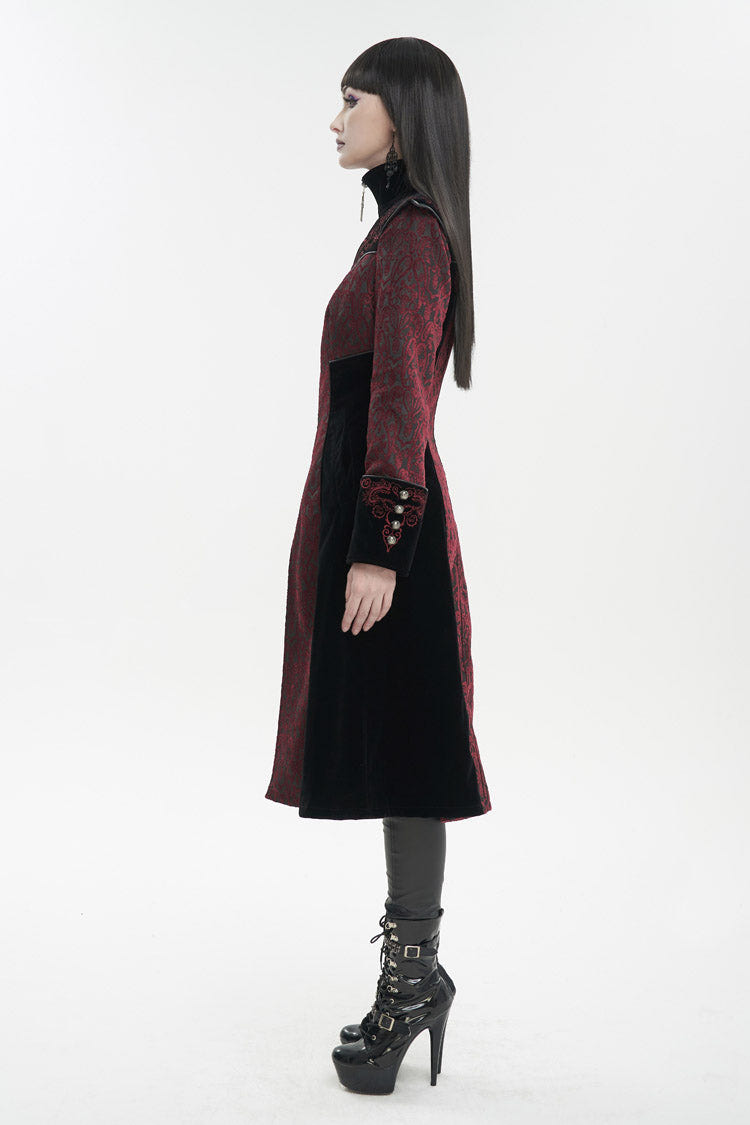 Red Jacquard Studded Mushroom Buckle Metal Cross Embroidered Women's Gothic Coat - Product - 6