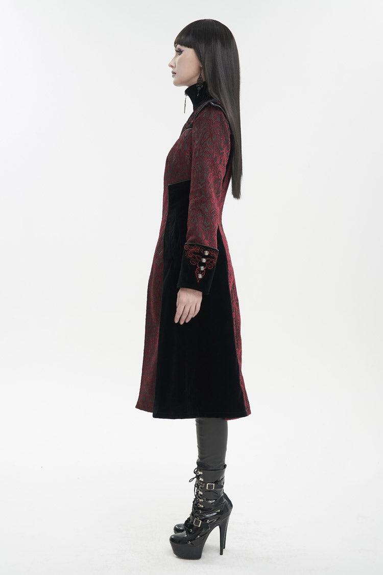 Red Jacquard Studded Mushroom Buckle Metal Cross Embroidered Women's Gothic Coat - Product - 6