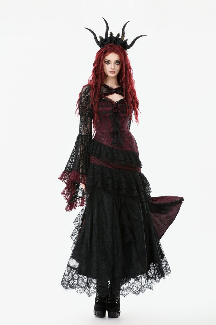 Black/Red Long Puff Flared Sleeves Floral Lace Women's Gothic Cape - Product - 11