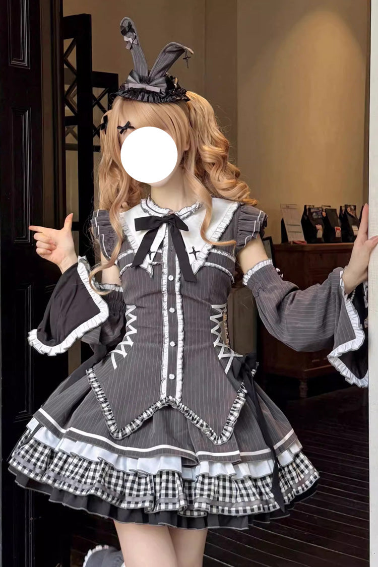 ブラック [Berlin Covenant] 取り外し可能な袖 姫袖 プリント フリル リボン レースアップ ゴシックロリータワンピースセット 商品画像