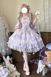 Purple [Spring Waters Reflecting Pear Blossoms] Ruffled Embroidered Open-Front Bow Lace Sweet Lolita Jsk Dress - Purple - 1