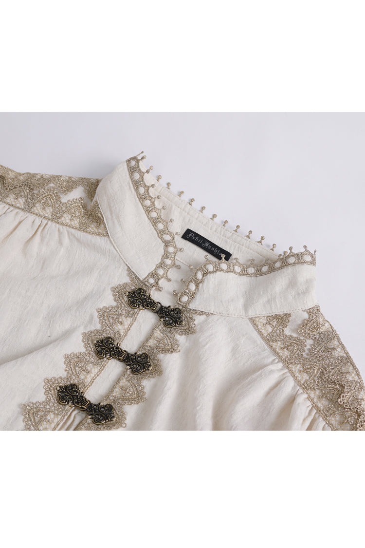 Beige Stand Collar Lantern Sleeves Multi-layer Ruffle Men's Gothic Blouse - Product - 8