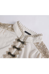 Beige Stand Collar Lantern Sleeves Multi-layer Ruffle Men's Gothic Blouse - Product - 8