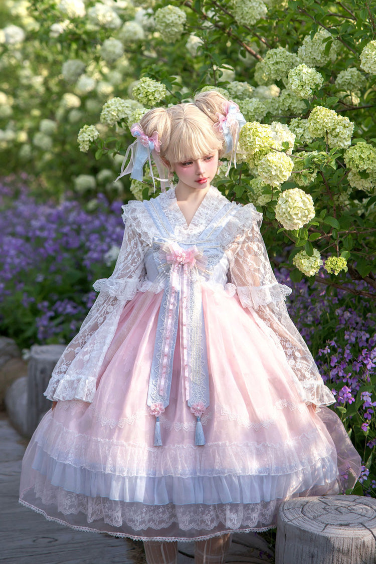 [Peach Blossoms in Spring Fields] Sleeveless Ruffle Bowknot Lace Sweet Chinese Style Lolita Jsk Dress 3 Colors - Product - 13