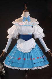 Blue/White [Arknights] Short Puff Sleeves Double-Layered Print Bowknot Lace Cosplay Classic Lolita Dress Set - Blue/White - 1