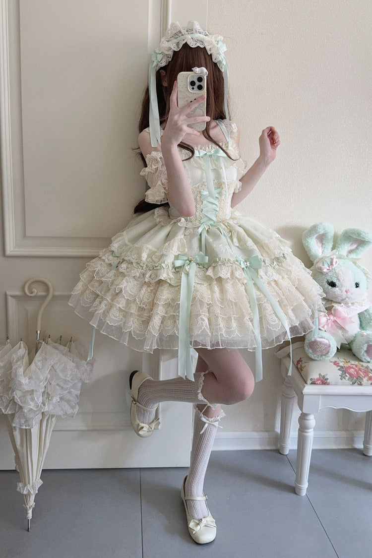 Green [Ribbon Heart Love] Sleeveless Multi-Layered Ruffle Bowknot Lace Lace-Up Sweet Princess Ballet Lolita Jsk Dress - Product - 8