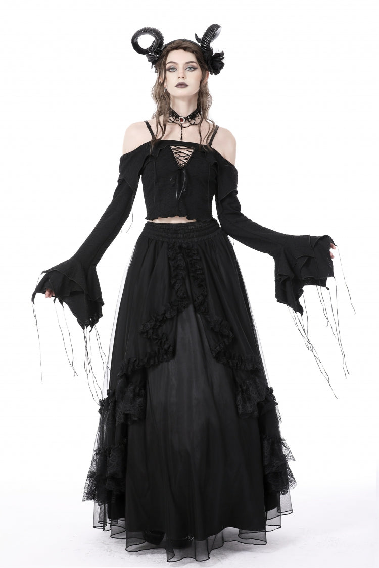 Black Off Shoulder Long Trumpet Sleeves Lace-Up Women's Gothic Sexy Crop Top - Black - 1