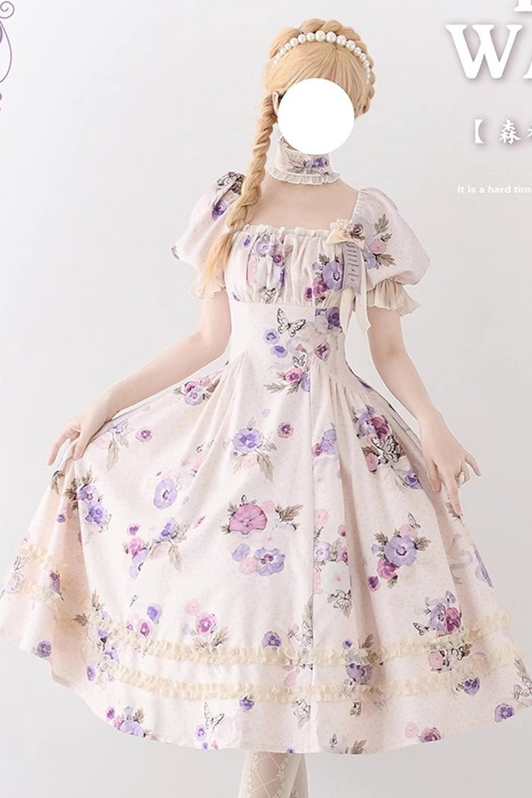 [Forest Basket] Print Short Sleeves Ruffle Lace Sweet Elegant Lolita Dress 6 Colors - Product - 8