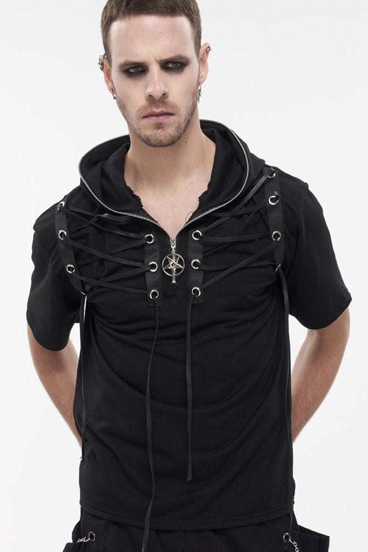 Black Punk Short Sleeve Metal Zipper Lace-Up Knit Loose Casual Hooded Men's T-Shirt - Product - 2