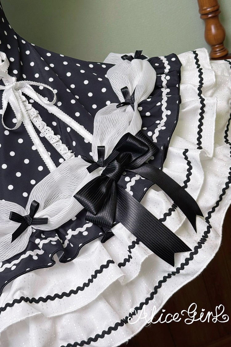 Black/White Halterneck Short Sleeves Triple-Layered Polka Dot Printed Bow Lace-Up Sweet Lolita Dress - Product - 5