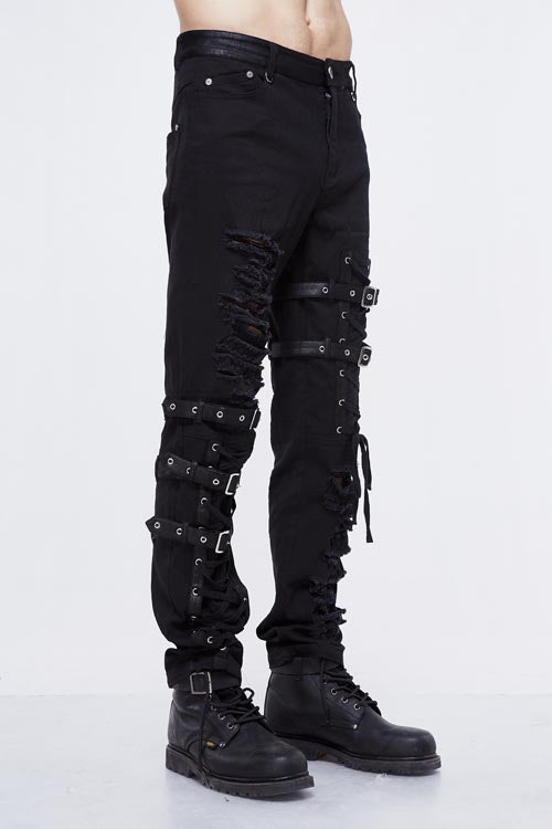 Black Asymmetric Loops Ragged Punk Rock Broken Holes Bandage Mens Pants - Product - 3
