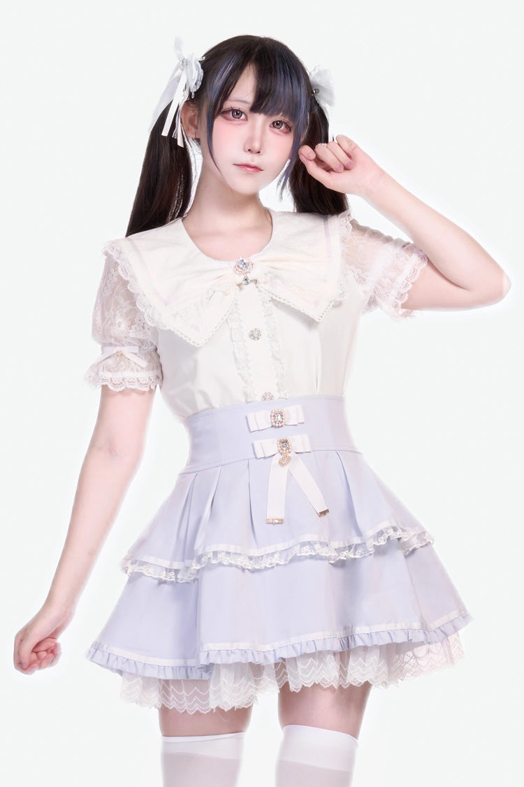 [Fruit Candy] Ruffle Bowknot Lace Sweet Jirai Kei Japanese Skirt 5 Colors - Light-Blue - 4