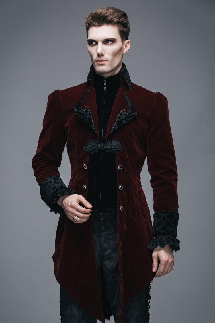 Wine Formal Party Turn Down Collar Long Sleeves Mens Gothic Swallowtail Coat - Product - 10