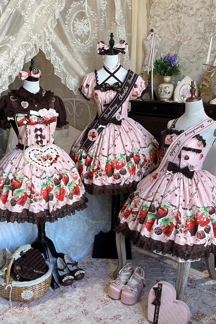 Pink [Strawberry Chocolate Lover] Sleeveless Printed Ruffled Embroidered Bow Lace Sweet Lolita Jsk Dress - Product - 10