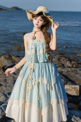 [Summer of Bluebells] Square Collar Sleeveless Jacquard Ruffled Asymmetric Sweet Lolita Skirt Set 2 Colors (Blue/Green, Ivory) - Product - 20