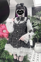 Black [Lunar Eclipse Doll] Long Sleeves Plaid Printed Ruffled Bow Lace Sweet Jirai Kei Japanese Dress Shorts Set - Product - 6