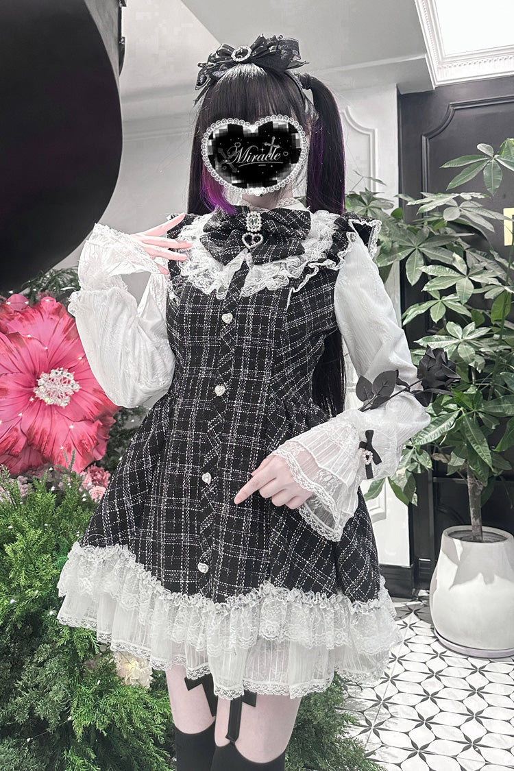 Black [Lunar Eclipse Doll] Long Sleeves Plaid Printed Ruffled Bow Lace Sweet Jirai Kei Japanese Dress Shorts Set - Product - 6
