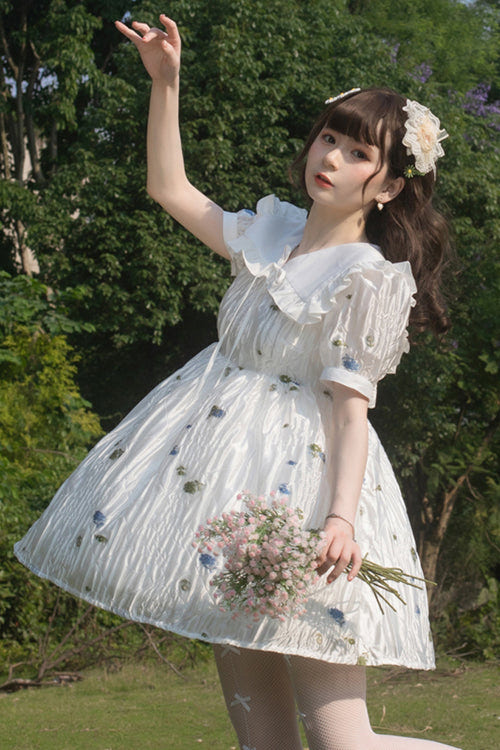 White French Lapel Collar Bubble Short Sleeves Floral Print High Waisted Sweet Lolita Dress - Product - 4