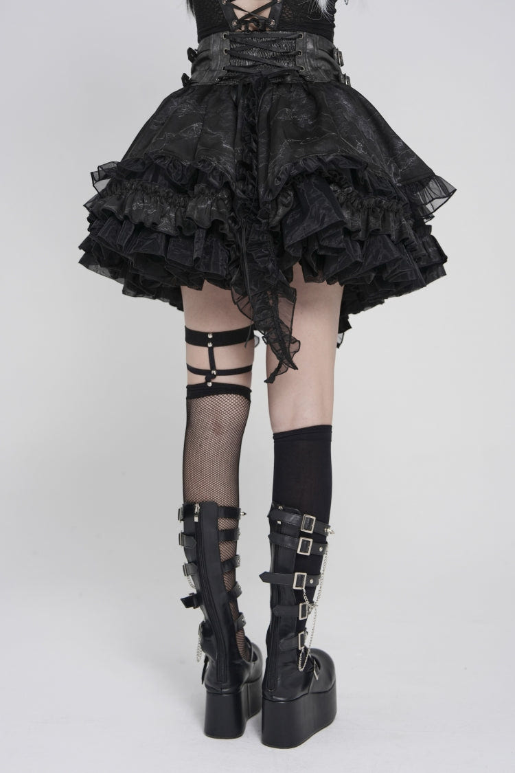 Black Multi-Layered Printed Spliced Lace Lace-Up Buckled Pleated Eyelet Women's Gothic Skirt - Product - 8