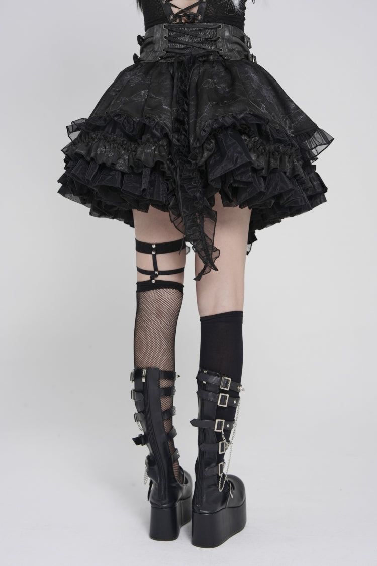 Black Multi-Layered Printed Spliced Lace Lace-Up Buckled Pleated Eyelet Women's Gothic Skirt - Product - 8