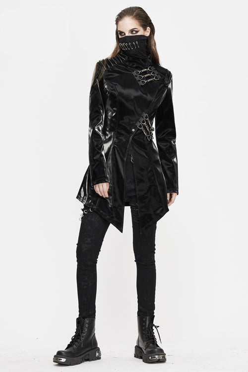 Black High Collar Slim Leather Womens Punk Coat - Product - 2