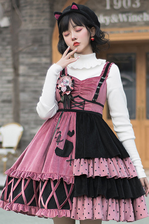 Pink/Black Vintage Stitching Strawberry Sweet Lolita JSK Dress - Product - 2
