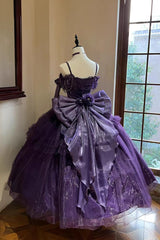 Purple [Bright Stars] Off Shoulder Ruffle Bowknot Asymmetric Sweet Elegant Princess Lolita Dress - Product - 2